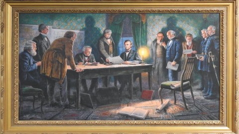 General Orders 100: Lincoln and the Lieber Code, April 1863. This is a photo of the original painting that hangs in the Office of The Judge Advocate General in the Pentagon. Artist Mort Kunslter. Francis Lieber